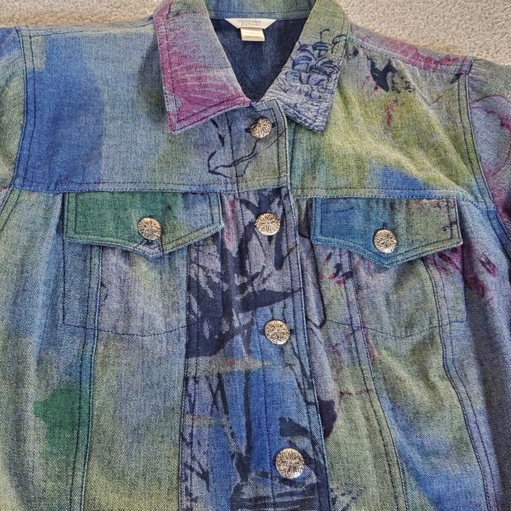 Christopher & Banks Denim Jacket Women's Large Blue Floral Abstract Print Cotton